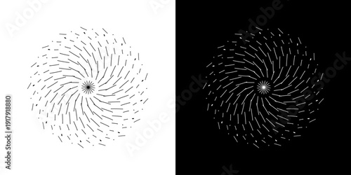 Abstract background with abstract line pattern in circles. Spiral art design as a logo or icon. A black figure on a white background and the same white figure on a black side. Mandala design with line