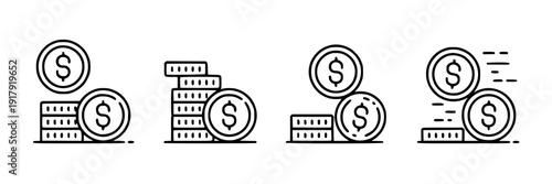 Money icons set with minimalist line art featuring coins and bills featuring currency, finance, savings with wealth and investment elements for banking, economy projects, clean composition on simple
