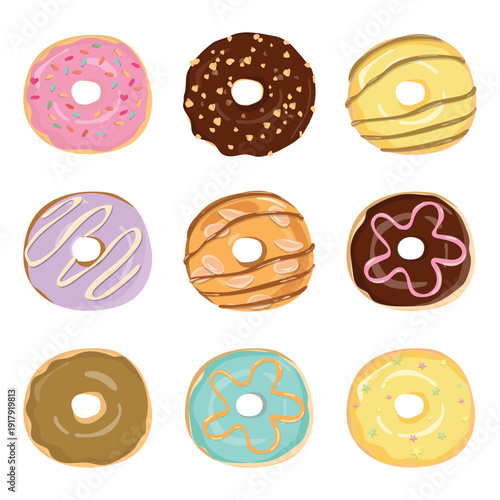 Flat vector set of colorful donuts with icing and sprinkles. various of favor such as chocolate, cream, strawberry, mint, sweet dessert collection for bakery, cafe, menu, sticker, packaging design. il