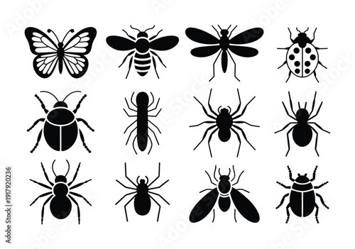 Collection of Black Insect Silhouettes: Butterfly, Bee, Ladybug, Spiders, and More