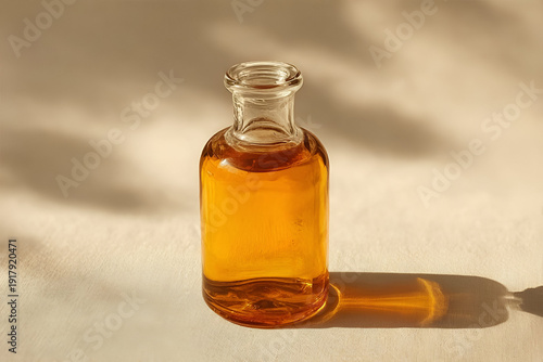 A beautifully lit glass bottle filled with amber liquid, showcasing the elegance and simplicity of contemporary beverage presentation.