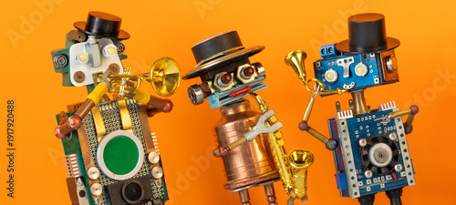Foto Robot jazz trio with sax and trumpet on stage