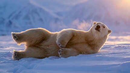 Polar bear rolling playfully in Arctic snow with majestic mountain backdrop during golden hour light. Wildlife photography capturing natural behavior in pristine wilderness.