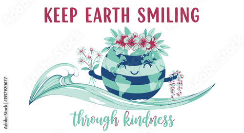 Eco friendly earth smiling cartoon character with flowers, promoting kindness and environmental awareness.