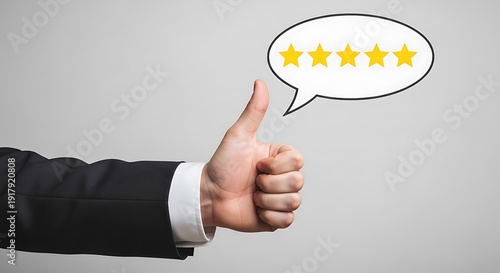 A satisfied customer giving a five star review with a thumbs up