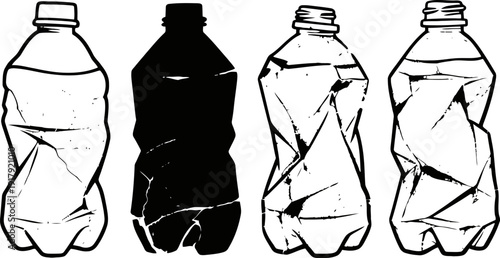 Crushed plastic bottles set in black and white line art with various shapes and folds