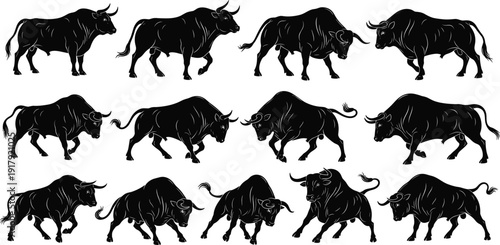 Bull silhouette collection in different poses isolated on white background animal livestock vector illustration set
