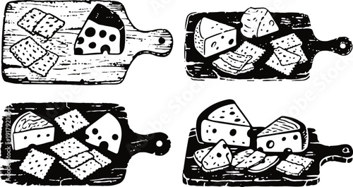 Various cheese assortments on wooden cutting boards, sliced and whole wedges of different cheese types