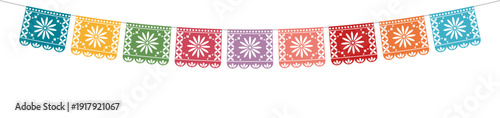 Colorful Mexican papel picado banner with daisy flowers and star ornaments for Cinco de Mayo. Vector illustration