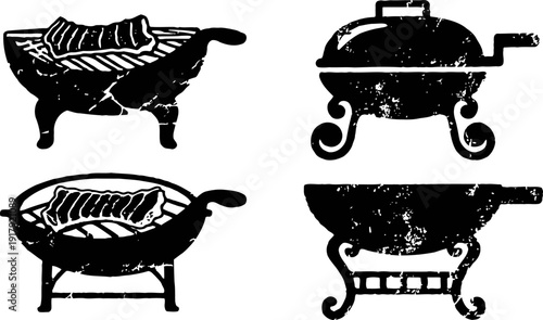 Grilled fish and vintage barbecue grills set retro charcoal cooking appliances with food classic outdoor cooking tools black silhouettes