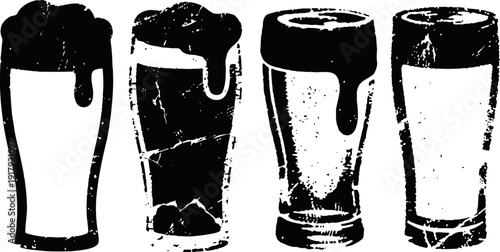 Four grunge beer glasses filled with dark beer with foam on top, vintage alcohol drink illustration