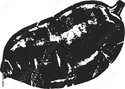 Black cacao bean graphic illustration with textured shading in vintage engraving