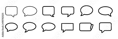 Speech bubble icons outline set with 16 chat dialog shapes, comic message balloons, minimal black line symbols for communication, comments, UI, social media