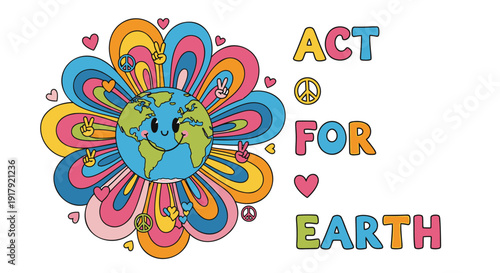 Earth day icon with colorful flower design, Act for Earth text. Vector illustration for environmental conservation and sustainability.