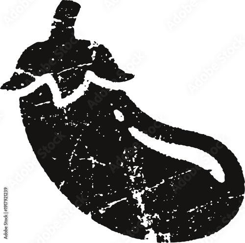 Grunge silhouette of an eggplant with uneven textured effect on white background