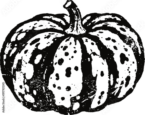 Vintage black and white pumpkin illustration with textured shading and spotted surface detail