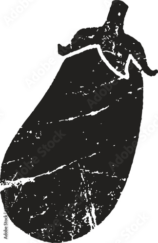 Vintage black and white silhouette of an eggplant vegetable with textured distressed effect