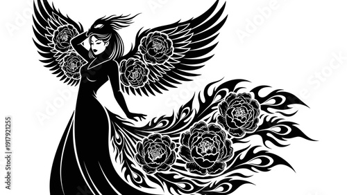 Mysterious Woman with Phoenix Wings and Rose Tail, Black and White Fantasy Art