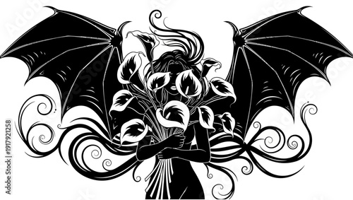 Gothic Angel with Bat Wings and Callas, Dark Fantasy Art, Black and White