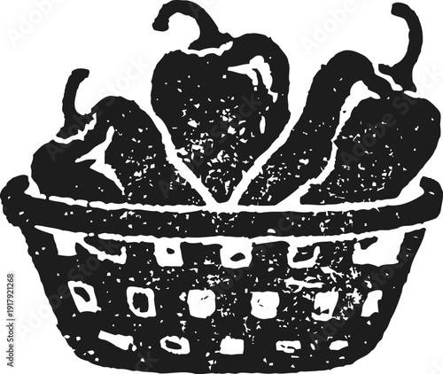 Basket with three bell peppers rustic vegetables in woven container organic fresh produce illustration