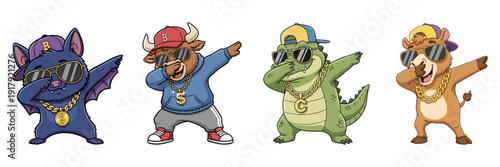 Cute cartoon animals : bat, bull, camel, and crocodile doing a dabbing dance while wearing sunglasses, hats, and gold necklaces.