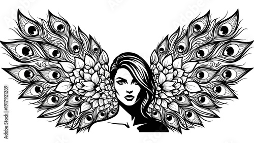 Elegant Woman with Peacock Feather Wings - Artistic Portrait