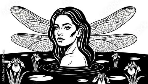 Enchanting Woman with Dragonfly Wings Emerging from Water Surrounded by Irises