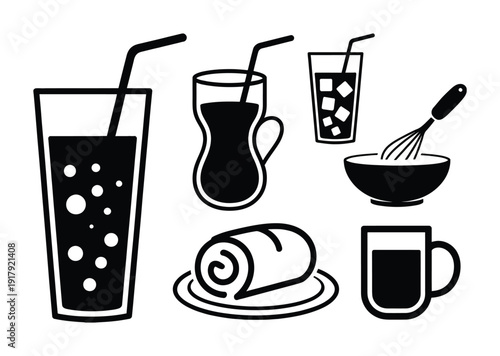 Collection of stylized representing drinks, food, and kitchenware