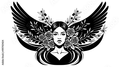 Black and White Angel Woman with Roses and Wings, Mystical Portrait