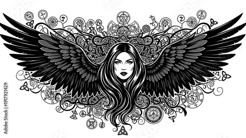 Mysterious Winged Woman with Norse Runes and Ornate Swirls - Dark Fantasy Art