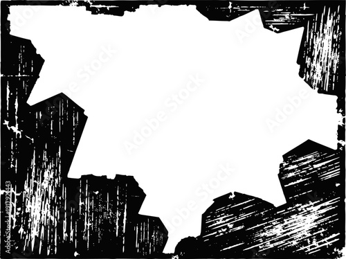 Grunge distressed textured border frame with cracked, scratched and peeled paint effects on black background