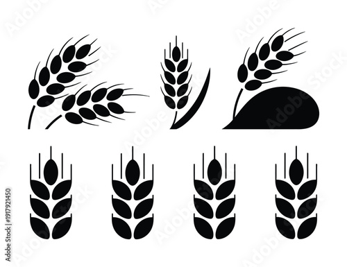 Collection of stylized black wheat and grain on a white background