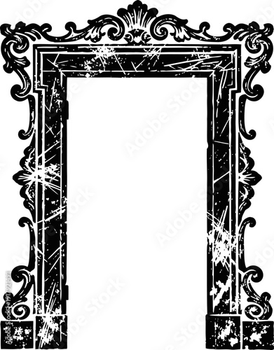 Ornate vintage frame with distressed texture and decorative baroque elements in black and white