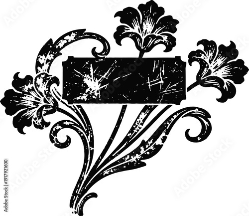 Vintage floral ornamental design with decorative flowers and distressed texture