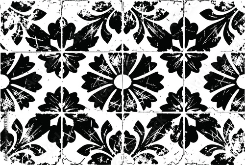 Black and white vintage floral tile pattern with distressed texture and ornamental leaves design