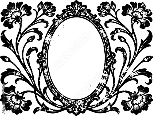 Vintage floral frame with ornate oval center, decorative baroque design border