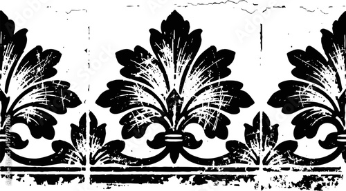 Vintage ornamental fleur de lis design in black and white with distressed texture