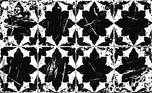Vintage black and white distressed leaf pattern grid with grunge texture background