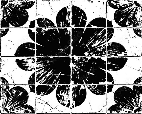 Vintage grunge floral pattern with distressed black petals on cracked white background tiles