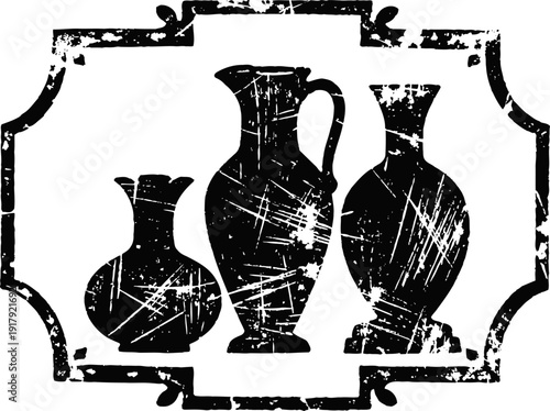 vintage pottery silhouettes with distressed texture inside ornate frame