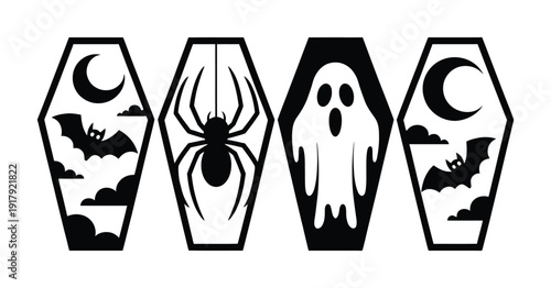 Halloween Coffin Bats, Spider, and Ghost Silhouettes