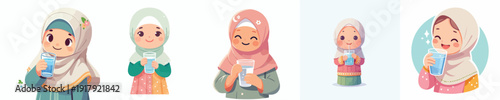 half body vector of a little muslim girl holding a glass of water to break the fast
