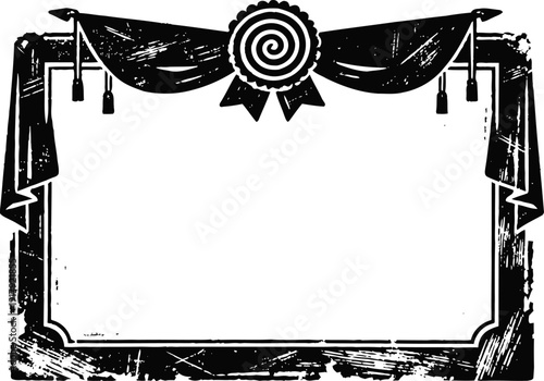 Vintage certificate frame with decorative ribbon and ornamental design in black and white