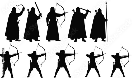 Medieval archer and warrior silhouette collection with bow and sword isolated on white background fantasy vector illustration set