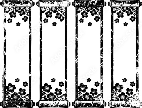 Four vintage floral scroll banners with distressed texture and decorative flowers
