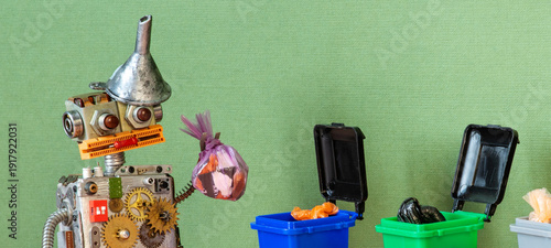 Foto Funny robot recycler refuse sorter with waste sack gazing at open containers