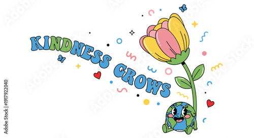 Kindness grows inspirational vector illustration with turtle and flower, surrounded by colorful confetti and hearts.