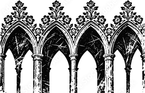 Gothic architectural arches with floral decorative elements in black and white distressed
