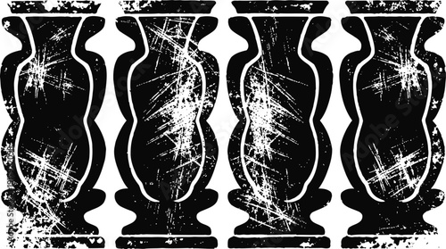 Grunge baluster silhouettes pattern antique wooden railing shapes with scratched distressed texture repeat design