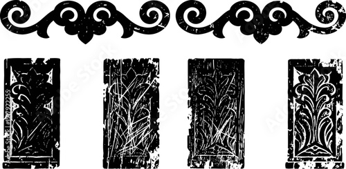 vintage ornamental floral elements set black decorative design with grunge texture isolated on white background